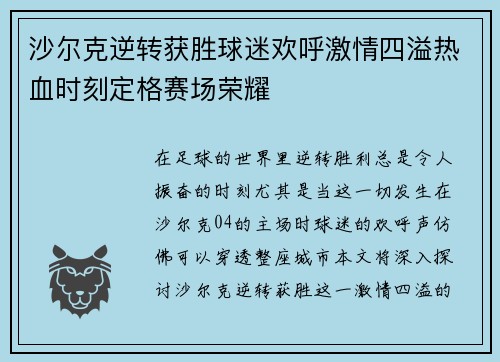 沙尔克逆转获胜球迷欢呼激情四溢热血时刻定格赛场荣耀