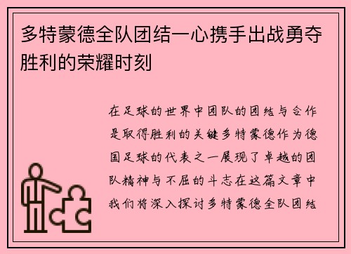 多特蒙德全队团结一心携手出战勇夺胜利的荣耀时刻