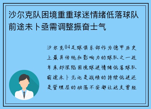 沙尔克队困境重重球迷情绪低落球队前途未卜亟需调整振奋士气