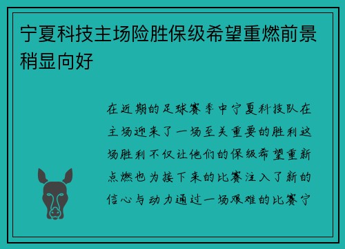 宁夏科技主场险胜保级希望重燃前景稍显向好