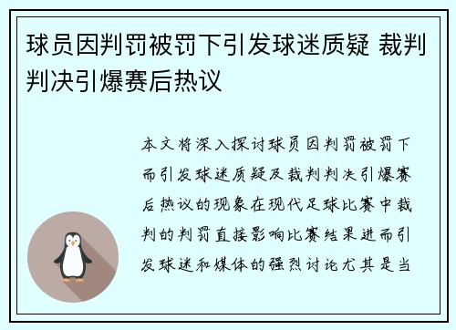 球员因判罚被罚下引发球迷质疑 裁判判决引爆赛后热议