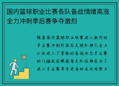 国内篮球职业比赛各队备战情绪高涨全力冲刺季后赛争夺激烈