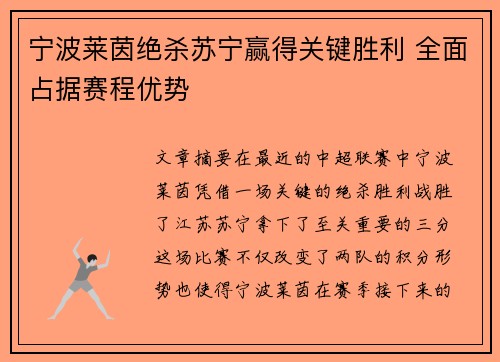 宁波莱茵绝杀苏宁赢得关键胜利 全面占据赛程优势