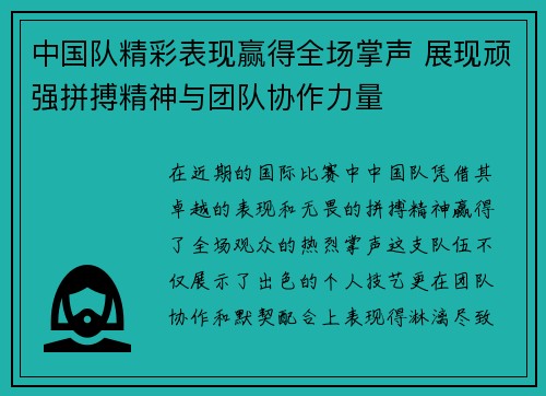 中国队精彩表现赢得全场掌声 展现顽强拼搏精神与团队协作力量
