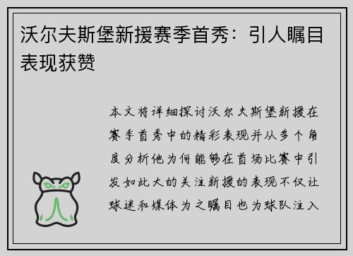 沃尔夫斯堡新援赛季首秀：引人瞩目表现获赞