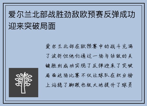 爱尔兰北部战胜劲敌欧预赛反弹成功迎来突破局面