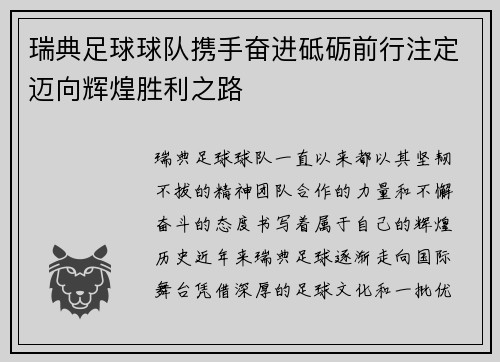 瑞典足球球队携手奋进砥砺前行注定迈向辉煌胜利之路