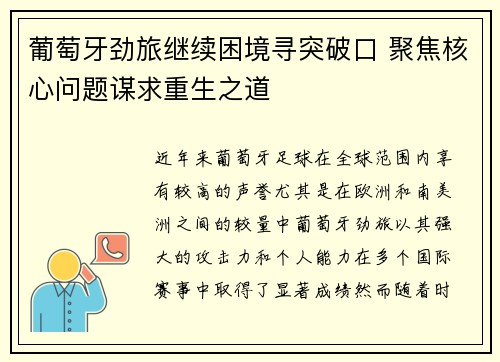葡萄牙劲旅继续困境寻突破口 聚焦核心问题谋求重生之道