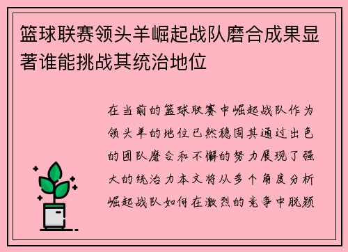 篮球联赛领头羊崛起战队磨合成果显著谁能挑战其统治地位