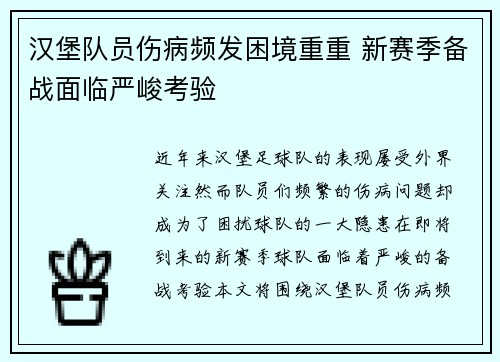 汉堡队员伤病频发困境重重 新赛季备战面临严峻考验