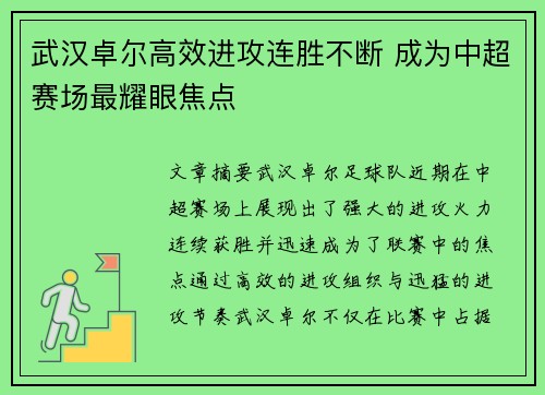 武汉卓尔高效进攻连胜不断 成为中超赛场最耀眼焦点